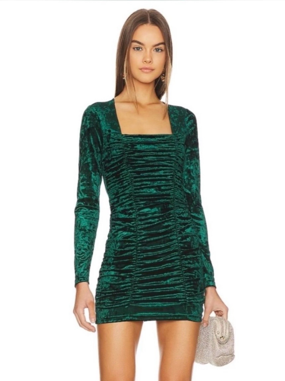 Steve Madden Selena Velvet Ruched Mini Dress Pine Green Small Party Going Out